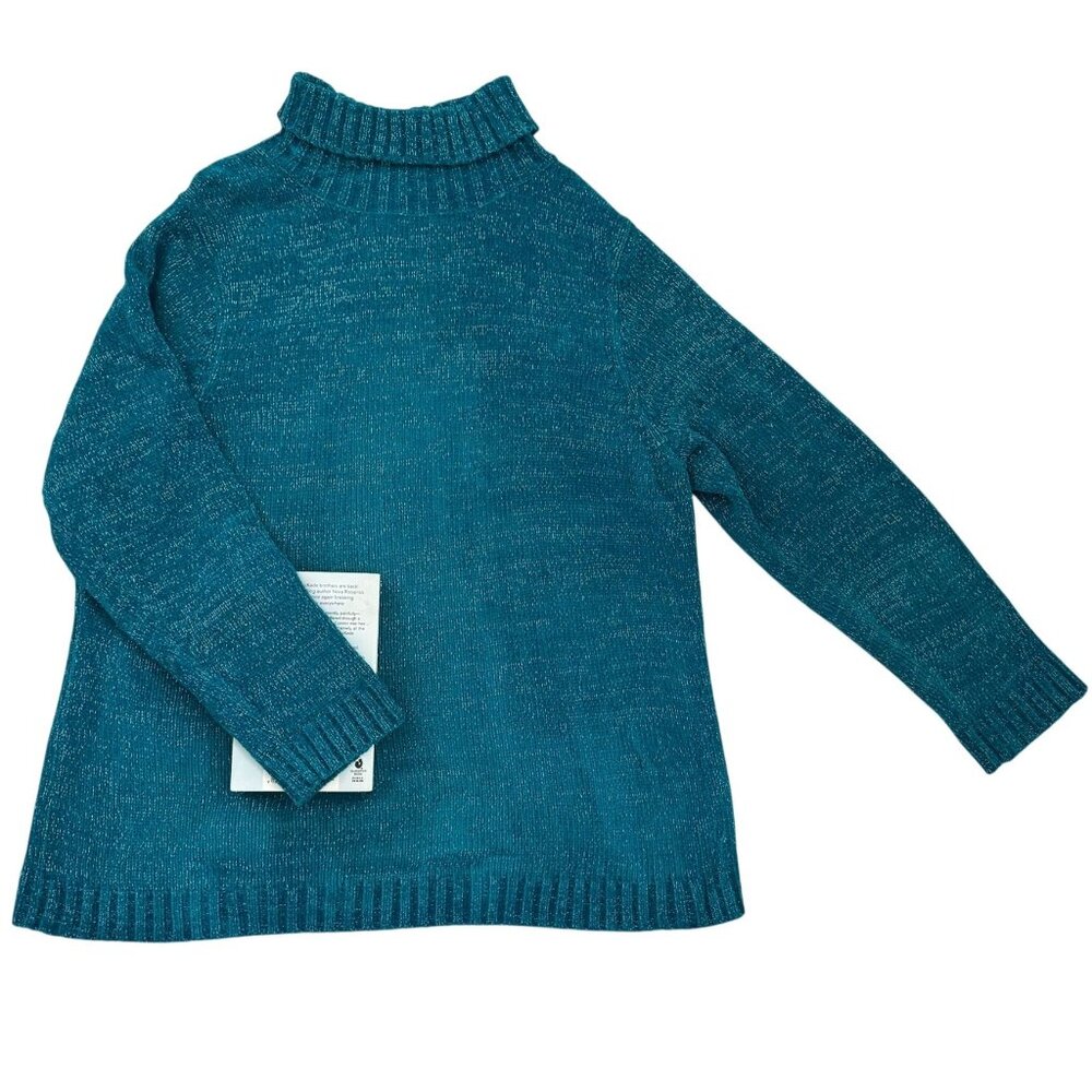 Y2K Susan Graver Sz 1X Teal Turtleneck Sweater with Silver Metallic Knit Yarn